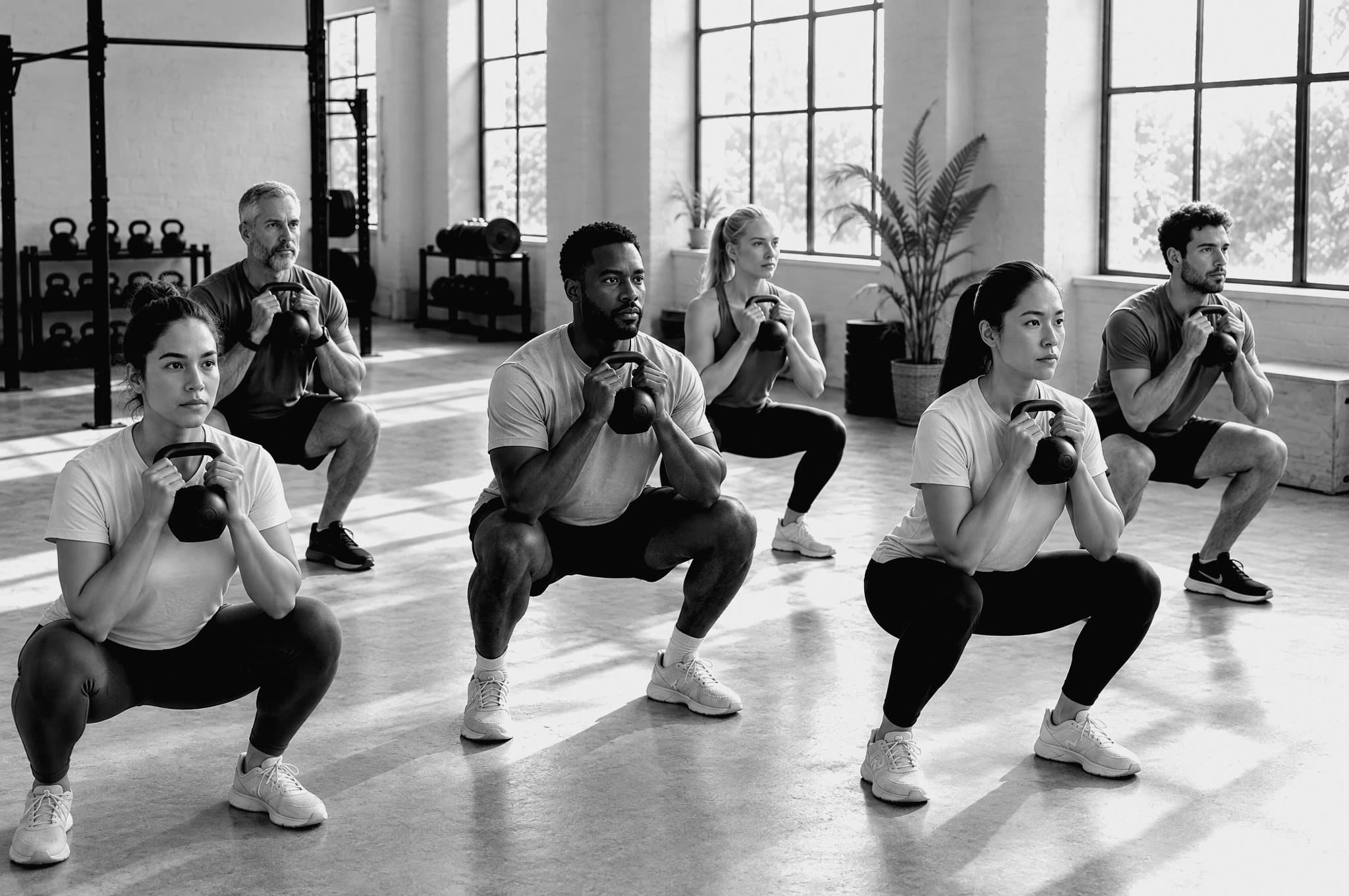A group class in a gym, everyone holding a kettlebell in a goblet squat