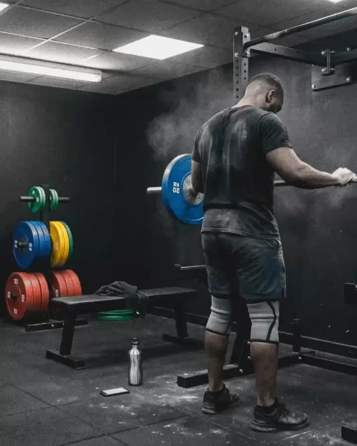 Sam racks the bar, steps back and sits on the bench with his head down. His phone lies lit on the floor at his feet.
